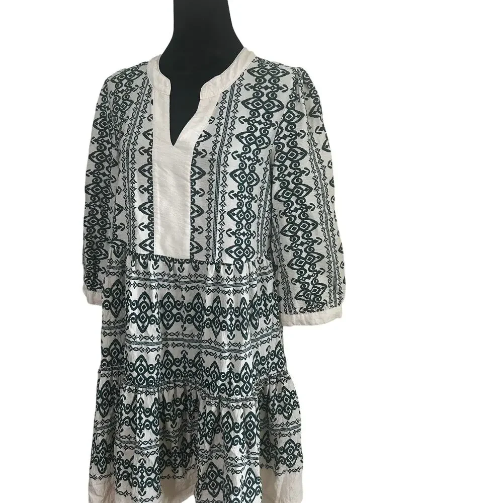 Fig & Flower Dress Boho Cream Green Tiered Knee Length SZ M Anthropologie Derby - Picture 3 of 9